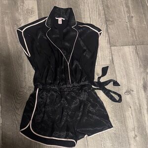 Victoria's Secret Black Satin Romper with Pink Piping
